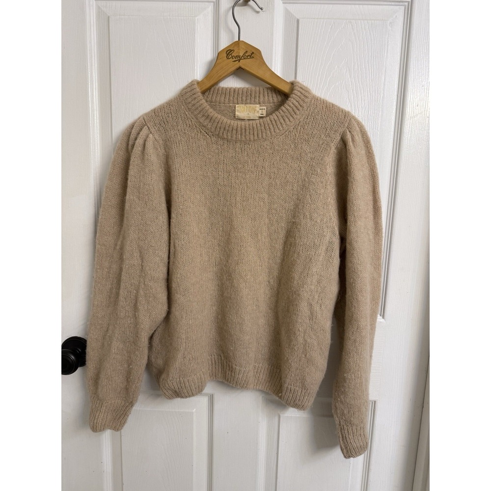 Nation LTD Large Puff Shoulder Sleeve Baby Alpaca Wool Blend Sweater Beige Small
